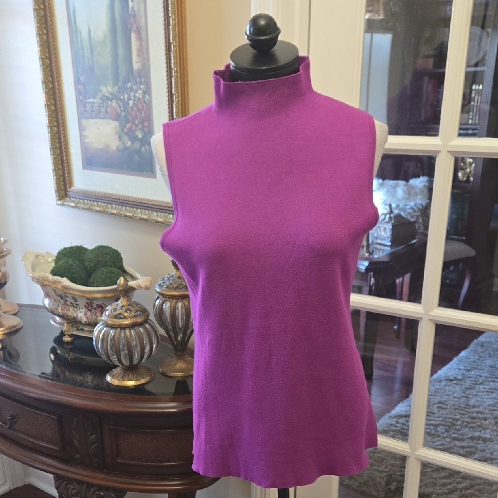 Ashro Vibrant Purple Knit Top High Neck Sleeveless Rayon Polyester sz Large EUC